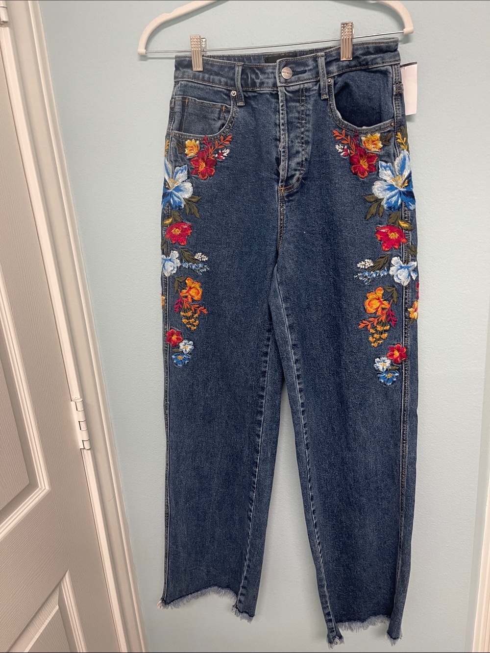 DRIFTWOOD Dark Blue Straight-Leg Jeans with Multicolor Floral Embroidery